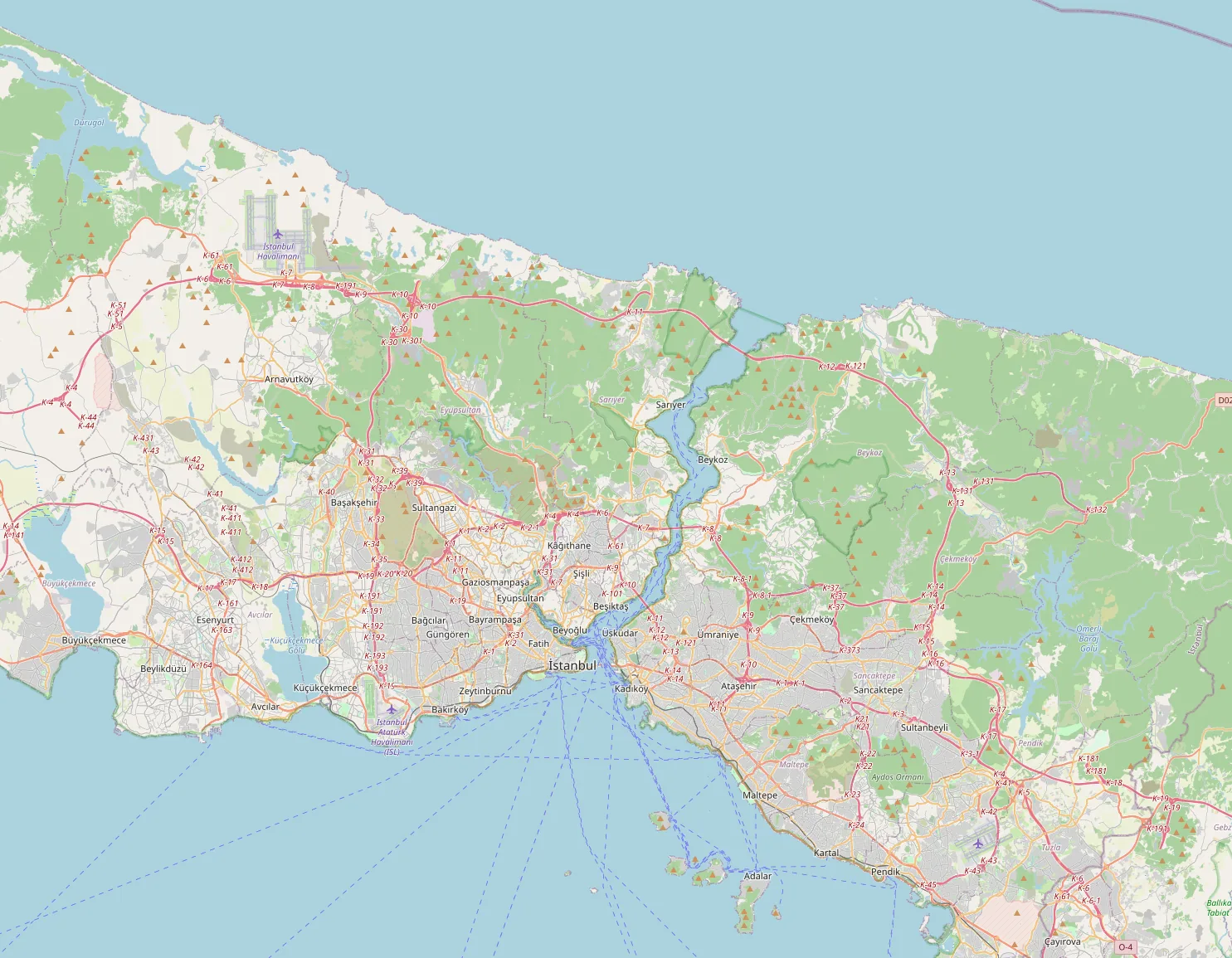 Map of Istanbul showing the European and Asian sides of the city and surrounding transport routes
