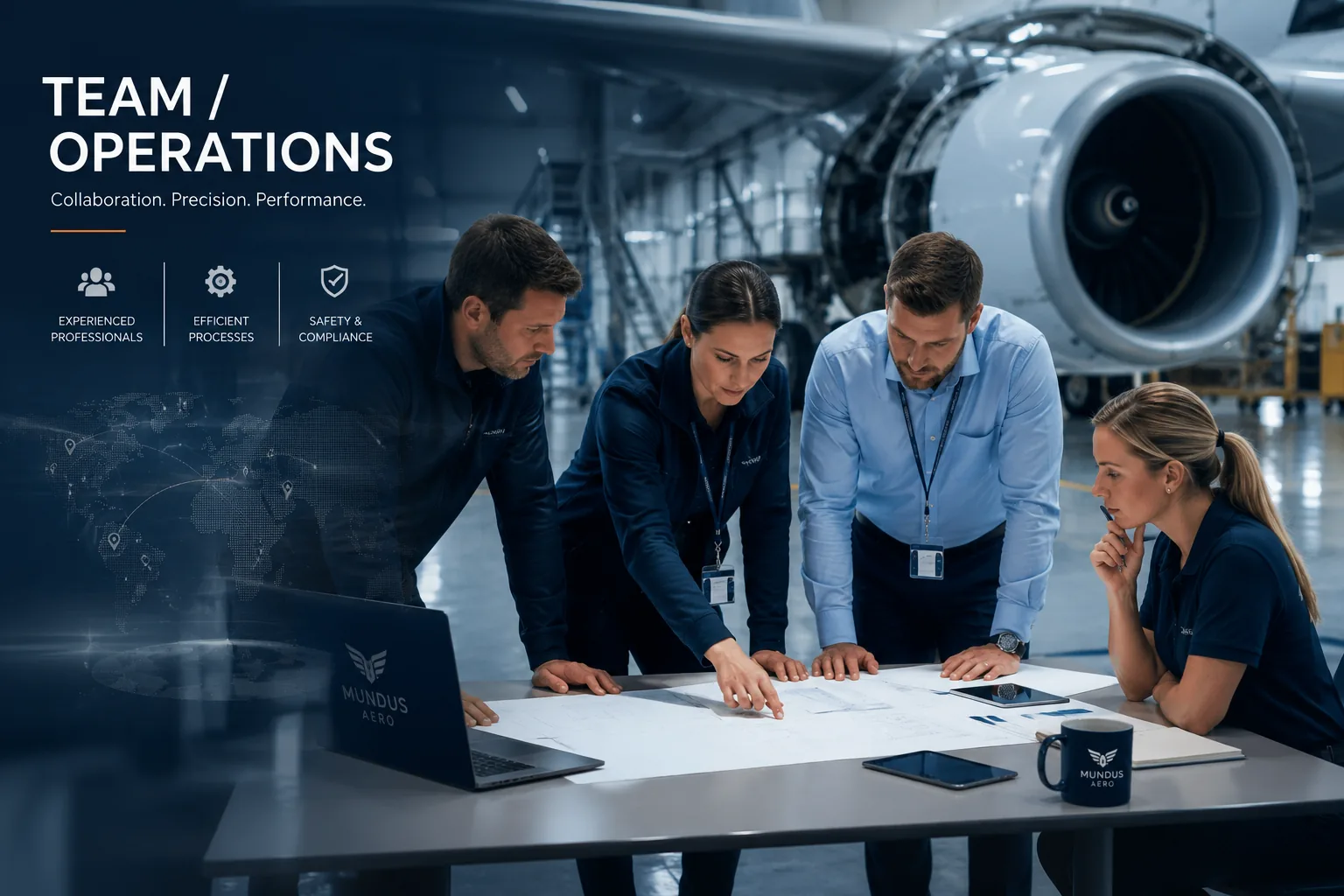 Mundus Aero operations team reviewing aircraft plans together in a hangar